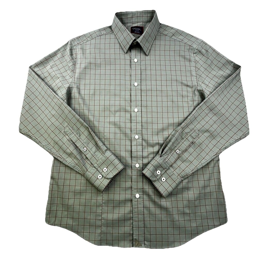 UNTUCKit Performance Shirt Medium Green Plaid Button Front Polyester Designer - Picture 2 of 12